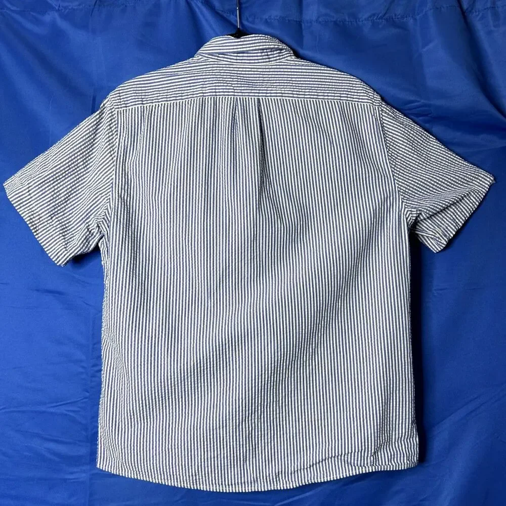 J. Crew Mens Blue Striped Shirt Sz M Seersucker Nautical Coastal Preppy Cotton